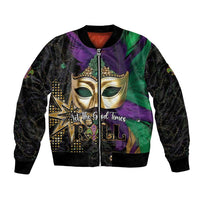 Unisex bomber jacket with gold masquerade mask graphic, purple-green panels, zip front