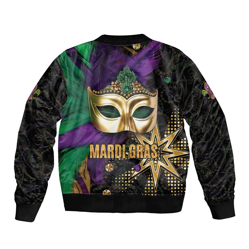Unisex bomber jacket with gold masquerade mask, Mardi Gras text, green-purple front, rib hem