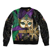 Unisex bomber jacket with gold masquerade mask, Mardi Gras text, green-purple front, rib hem