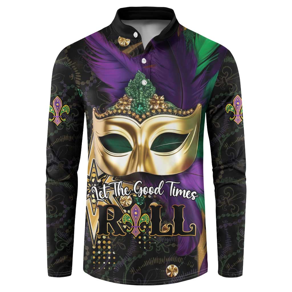 Button-front Mardi Gras sweatshirt with gold mask and 'Let the Good Times Roll' text