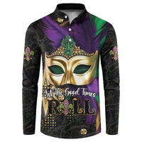 Button-front Mardi Gras sweatshirt with gold mask and 'Let the Good Times Roll' text