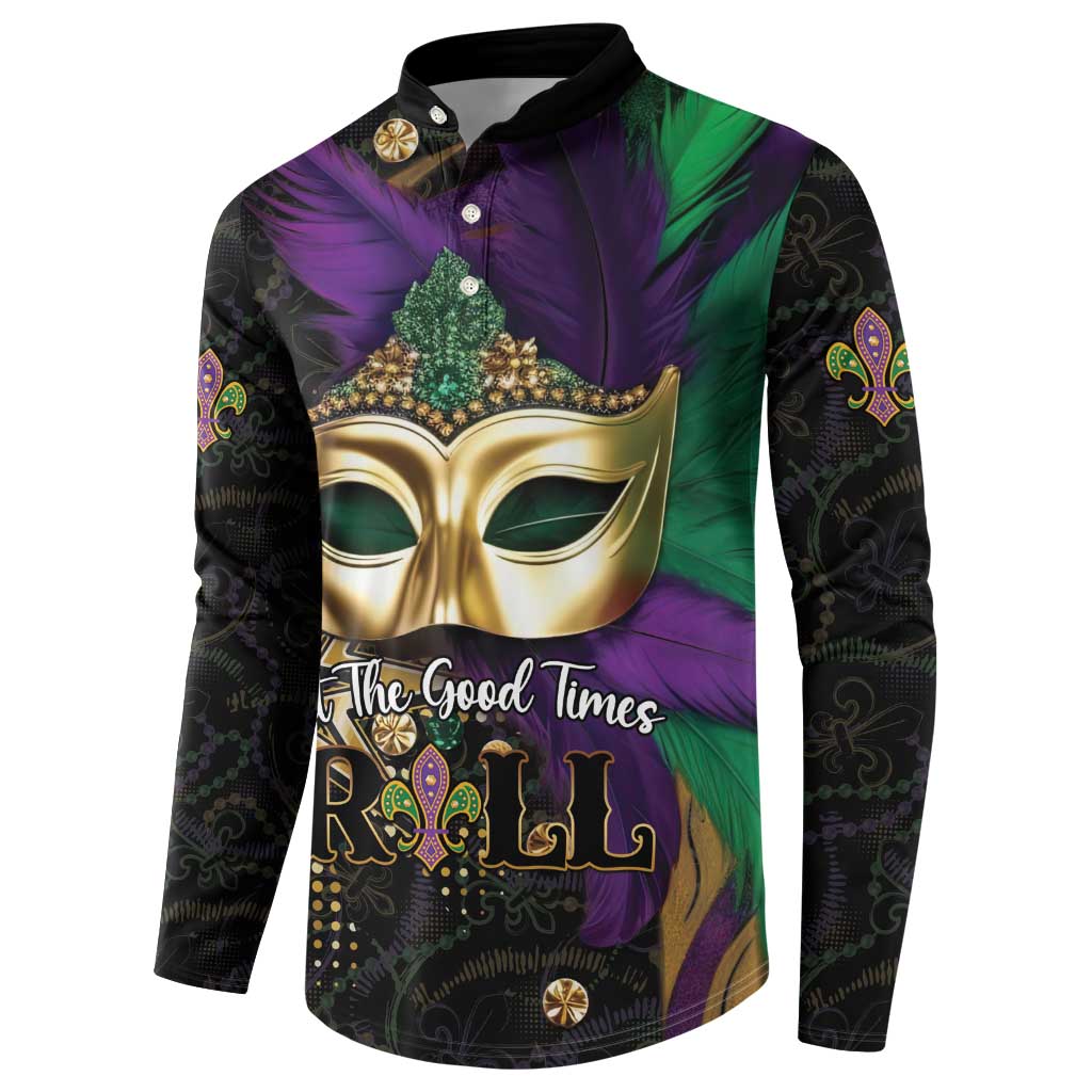 Button-front Mardi Gras sweatshirt with gold mask, purple-green design, and 'R'OLL' text