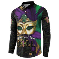 Button-front Mardi Gras sweatshirt with gold mask, purple-green design, and 'R'OLL' text