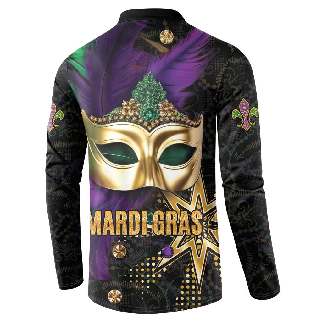 Button-front Mardi Gras sweatshirt, back view: gold mask with large 'MARDI GRAS' graphic