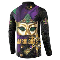 Button-front Mardi Gras sweatshirt, back view: gold mask with large 'MARDI GRAS' graphic