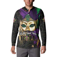 Mardi Gras button-front sweatshirt with gold face graphic and 'Let the Good Times' front text