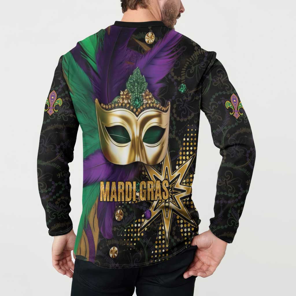 Mardi Gras button-front sweatshirt, back view: gold mask with 'MARDI GRAS' starburst print