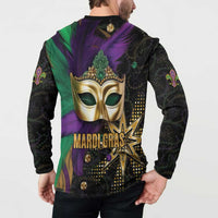 Mardi Gras button-front sweatshirt, back view: gold mask with 'MARDI GRAS' starburst print