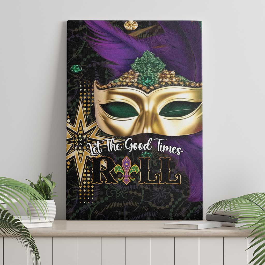 Mardi Gras canvas wall art showing gold mask, purple feathers, and ROLL text