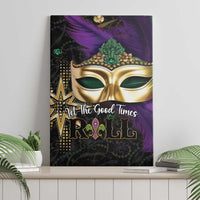 Mardi Gras canvas wall art showing gold mask, purple feathers, and ROLL text