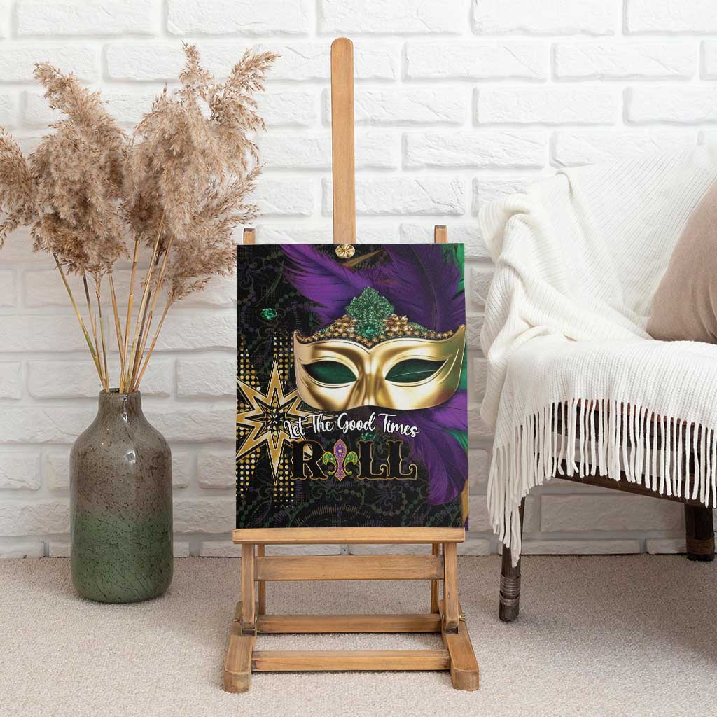 Mardi Gras canvas wall art with gold mask, purple feathers, and ROLL lettering