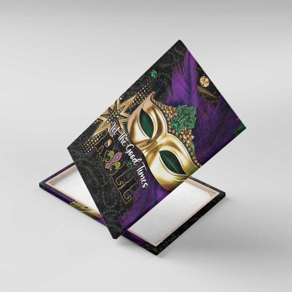 Mardi Gras canvas wall art with gold mask design on black frame, purple feathers
