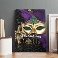 Mardi Gras canvas wall art featuring gold mask, purple feathers, and ROLL lettering