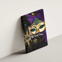 Mardi Gras canvas wall art on wall with gold mask, purple feathers, and ROLL lettering