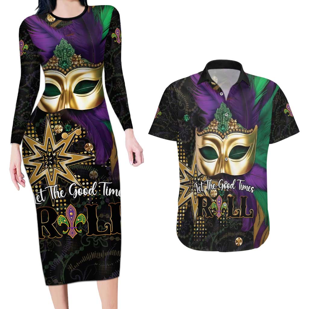 Let The Good Times Roll Mardi Gras Couples Matching Long Sleeve Bodycon Dress and Hawaiian Shirt Special Version