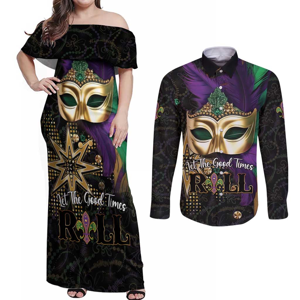 Let The Good Times Roll Mardi Gras Couples Matching Off Shoulder Maxi Dress and Long Sleeve Button Shirt Special Version