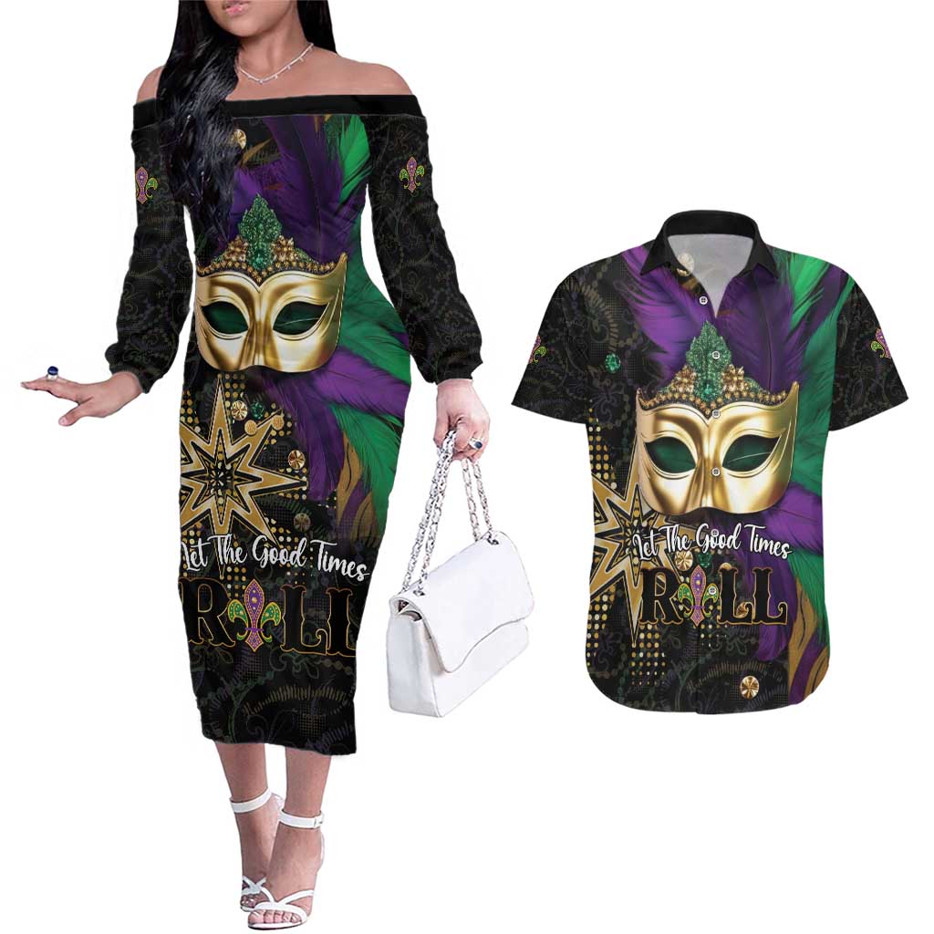 Let The Good Times Roll Mardi Gras Couples Matching Off The Shoulder Long Sleeve Dress and Hawaiian Shirt Special Version