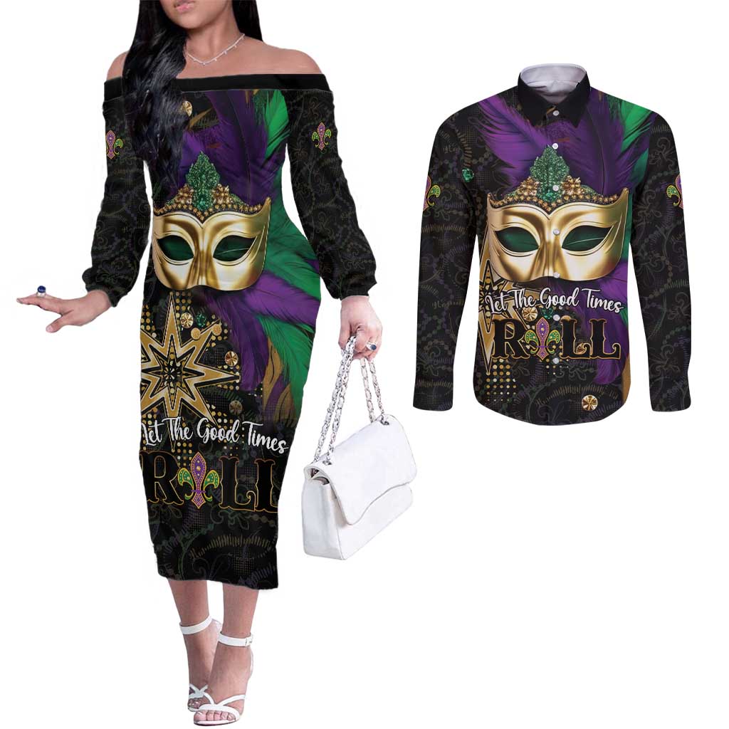 Let The Good Times Roll Mardi Gras Couples Matching Off The Shoulder Long Sleeve Dress and Long Sleeve Button Shirt Special Version