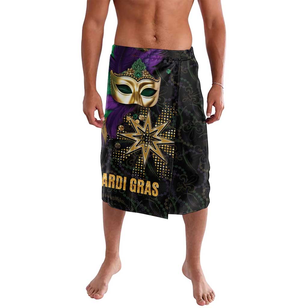 Mardi Gras printed lavalava swim short with purple mask and gold star graphics, black base