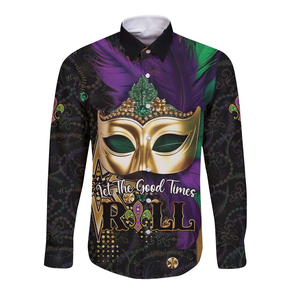 Mardi Gras long sleeve button shirt with gold mask graphic, purple green feathers, front print