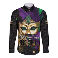 Mardi Gras long sleeve button shirt with gold mask graphic, purple green feathers, front print
