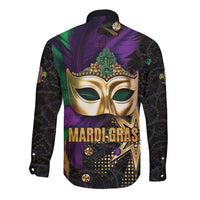 Mardi Gras long sleeve button shirt, back with gold mask and 'MARDI-GRAS' text, purple green