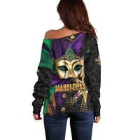 Women's off-shoulder sweater, back Mardi Gras mask and text graphic, long sleeves