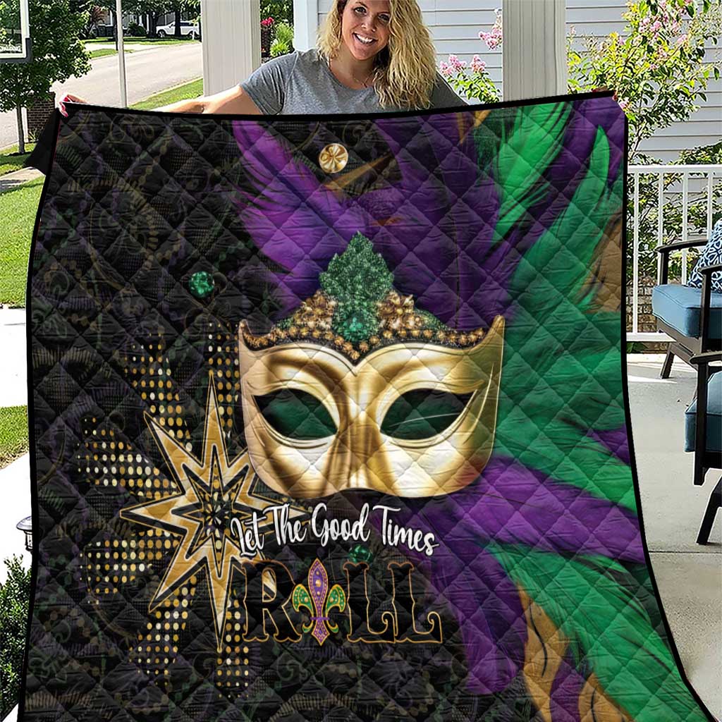 Mardi Gras quilt with gold mask, purple and green swirls, black diamond quilting