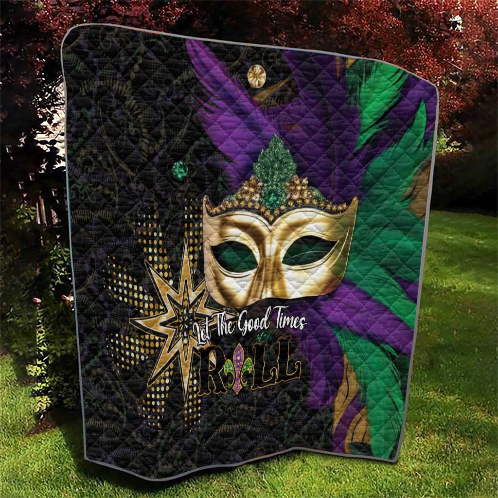 Mardi Gras quilt with gold mask center, purple and green diagonal accents on black