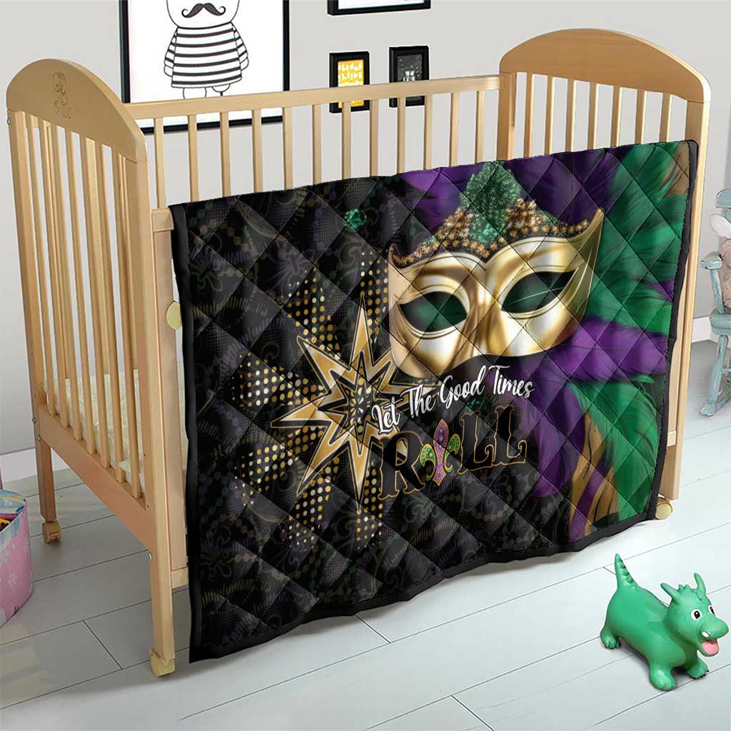 Mardi Gras quilt on a toddler bed, gold mask with purple and green accents on black