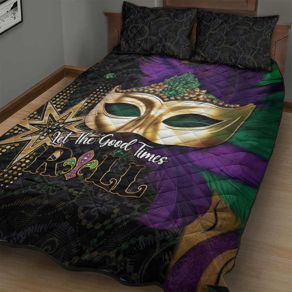 Colorful Mardi Gras quilt bed set with gold mask print, purple and green, and two dark pillows