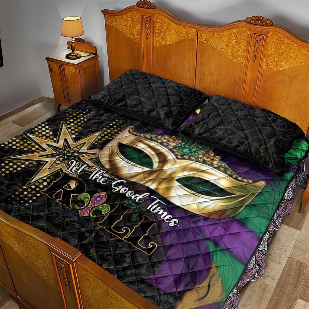 Mardi Gras quilt bed set with 'Let The Good Times' mask print and two dark pillows