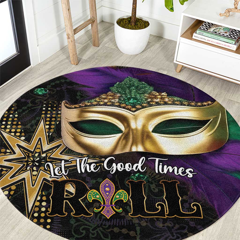 Round Mardi Gras rug with gold mask, purple and green graphics, and “Let the Good Times Roll” text