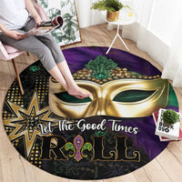 Round Mardi Gras rug with gold mask face, purple and green design, and “Let the Good Times Roll” lettering