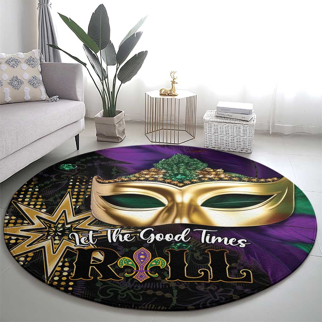 Round Mardi Gras rug with gold mask and Mardi Gras lettering in purple and green on the floor