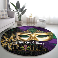 Round Mardi Gras rug with gold mask and Mardi Gras lettering in purple and green on the floor