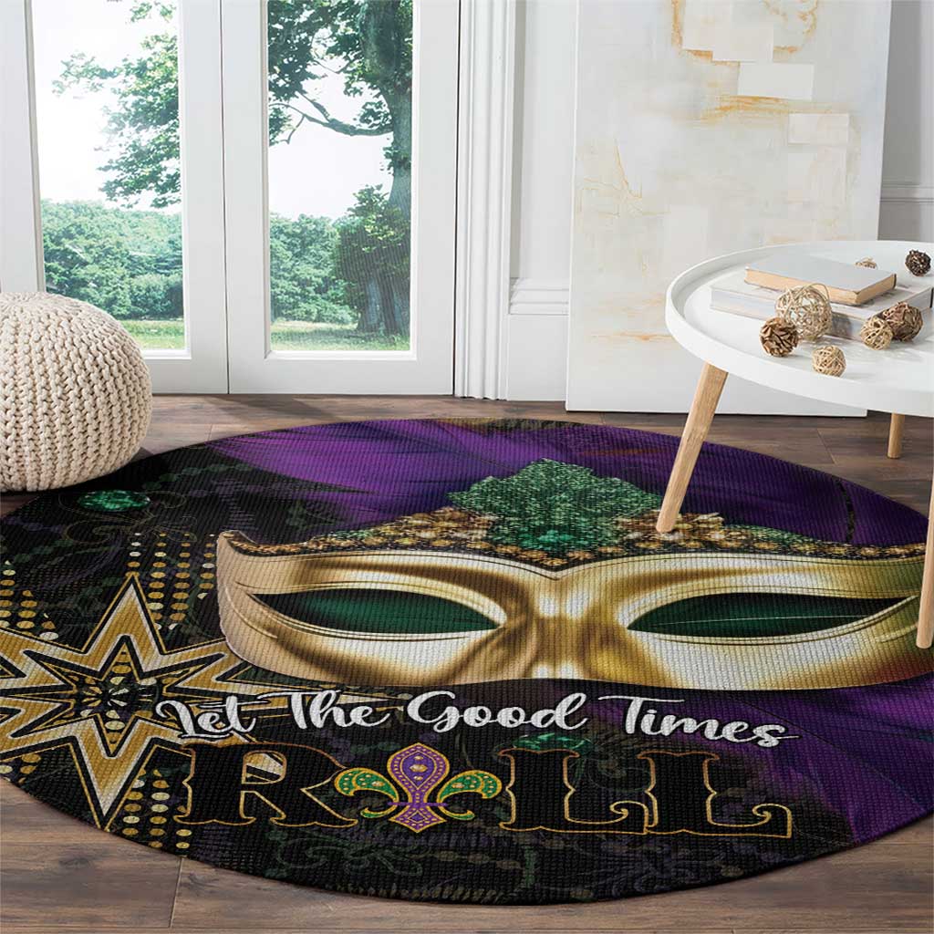 Round Mardi Gras rug close-up with gold mask, fleur-de-lis details, and purple and green colors