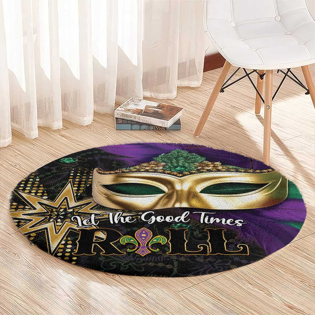Round Mardi Gras rug beneath chair, gold mask and “Let the Good Times Roll” in purple and green