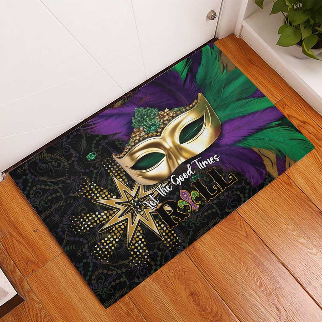 Colorful Mardi Gras doormat featuring a gold mask, star, and “Let the Good Times ROLL” wording
