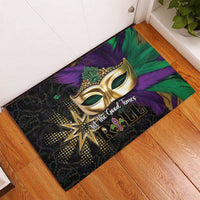 Colorful Mardi Gras doormat featuring a gold mask, star, and “Let the Good Times ROLL” wording