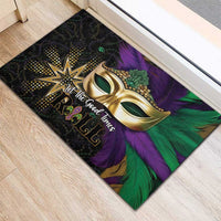 Colorful Mardi Gras rubber doormat with gold mask, star graphic, and “Let the Good Times ROLL”