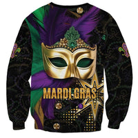 Mardi Gras sweatshirt with gold mask and 'MARDI GRAS' lettering