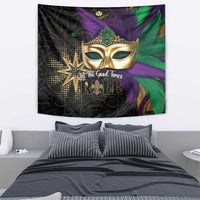 Mardi Gras wall tapestry with gold masquerade mask, purple and green feather accents