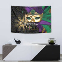 Mardi Gras tapestry with gold mask, purple/green feather plumes, starburst and lettering
