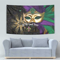 Mardi Gras wall tapestry with gold masquerade mask, purple and green feathers, starburst