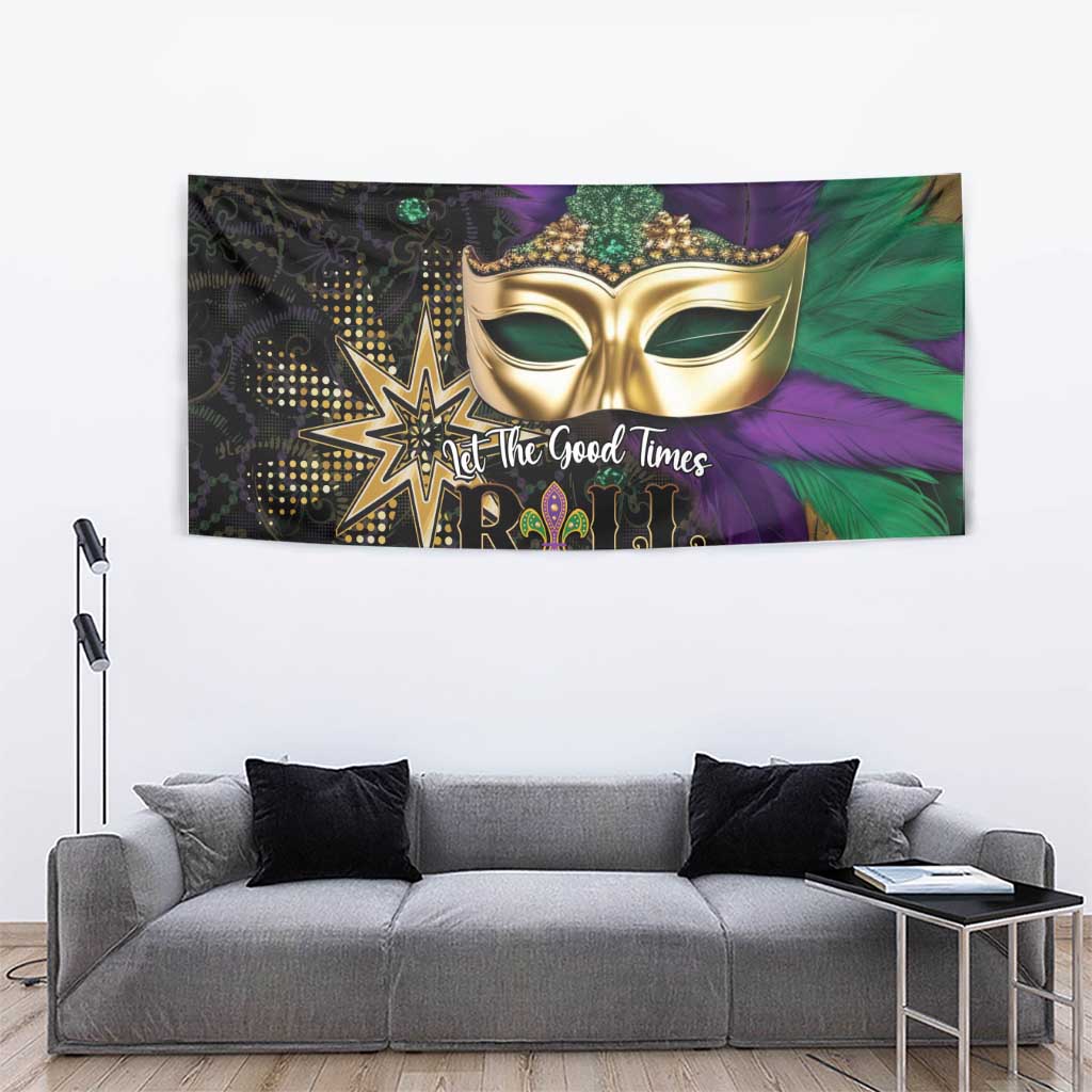 Mardi Gras tapestry featuring gold mask, purple/green feather plumes, star and festive lettering
