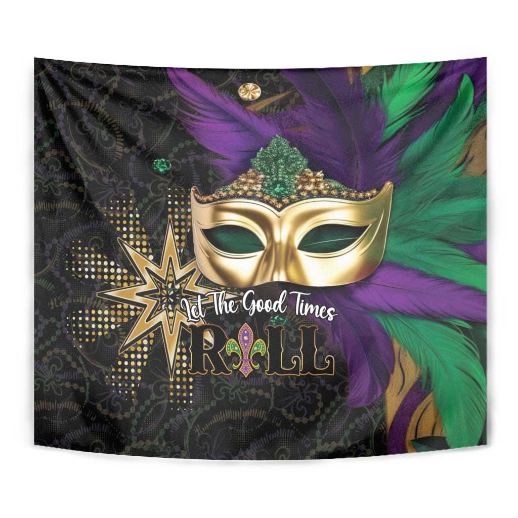 Mardi Gras tapestry close-up: gold masquerade mask over purple and green feather pattern