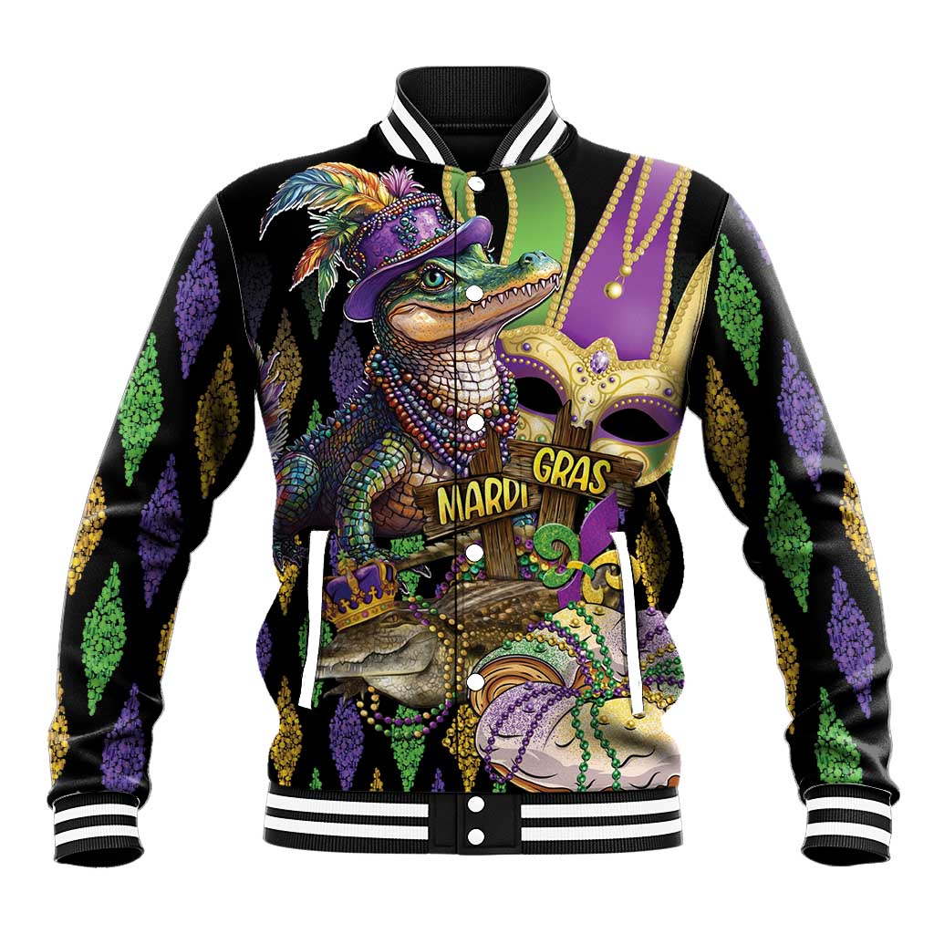 Unisex black baseball jacket with colorful alligator Mardi Gras graphic, striped collar