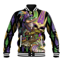 Unisex black baseball jacket with colorful alligator Mardi Gras graphic, striped collar