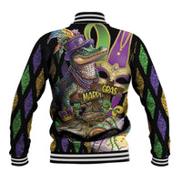 Unisex black baseball jacket with colorful alligator Mardi Gras crest, striped hem and cuffs